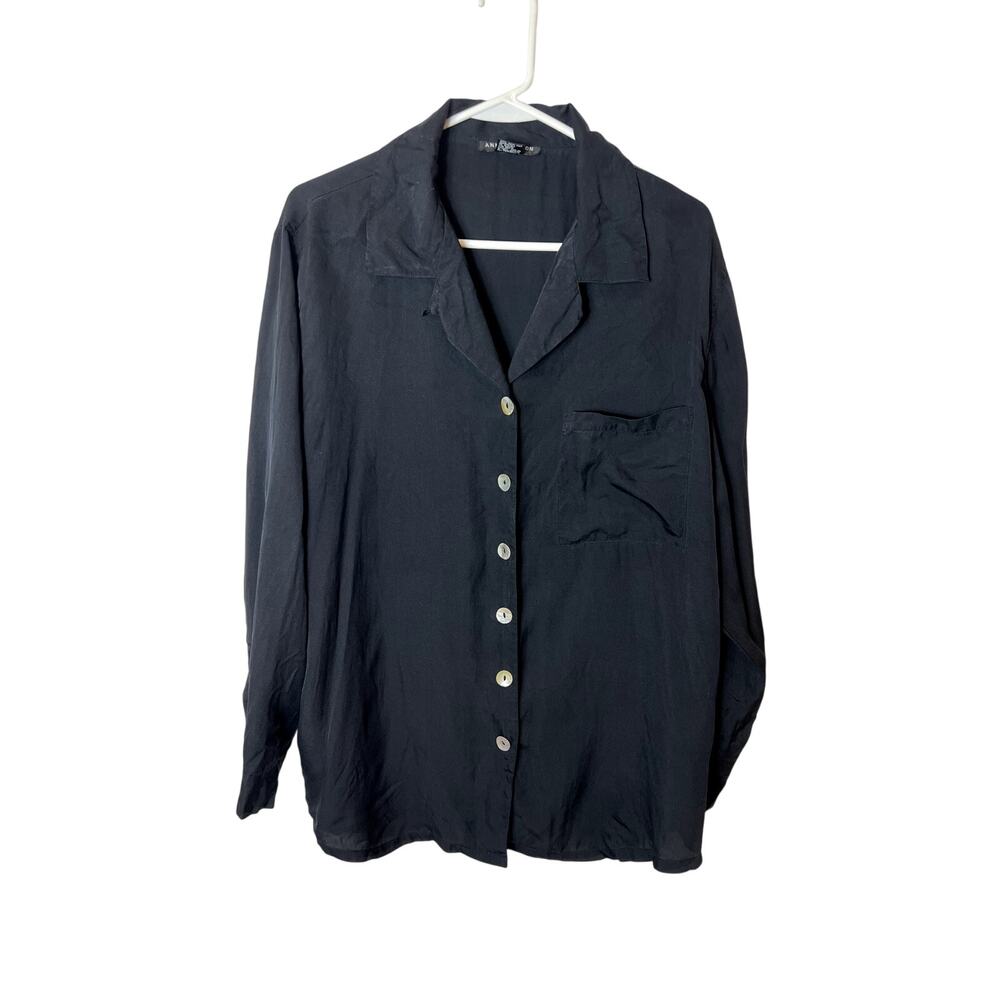 Anne Carson 100% Silk Black Button Down Collared Top 1X